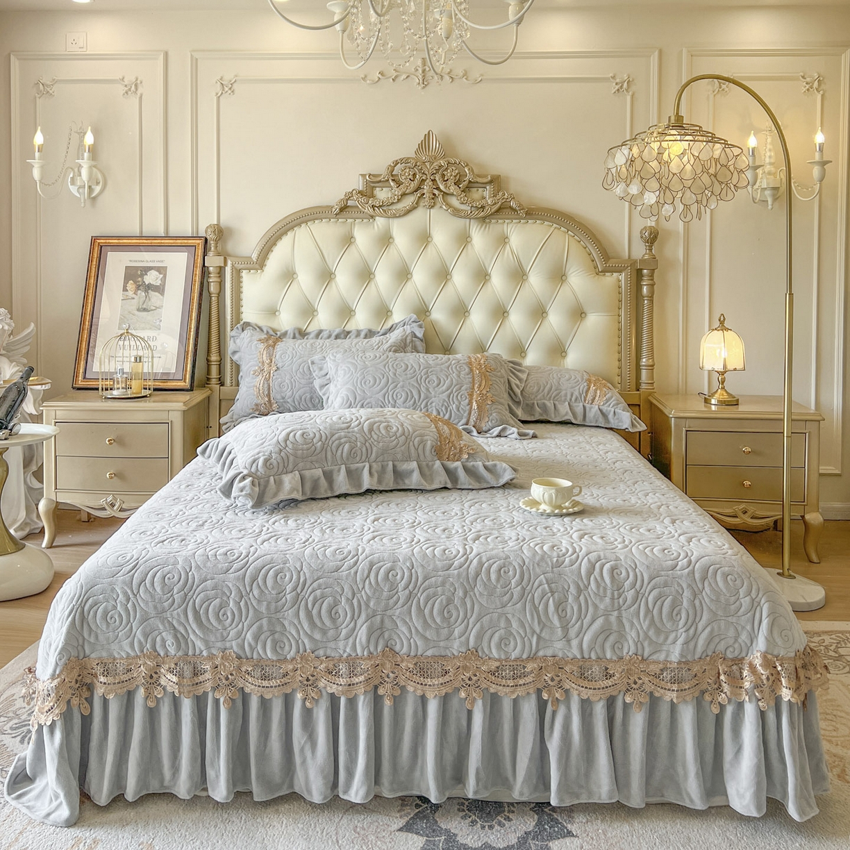 91家纺网 家纺一手货源 找家纺 恋尚 2025新款雕花牛奶绒罗曼蒂克系列四件套（控价290） 罗曼蒂克-椰蓉灰