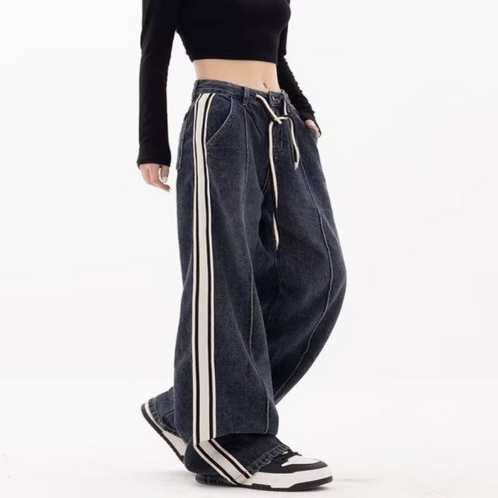 91家纺网 家纺一手货源 找家纺 （总）洛兰沙家居馆【只代发】【只代发】 2025新款只代发美式条纹拼接牛仔裤女春季薄款宽松直筒阔腿抽绳高街嘻哈复古裤子批22