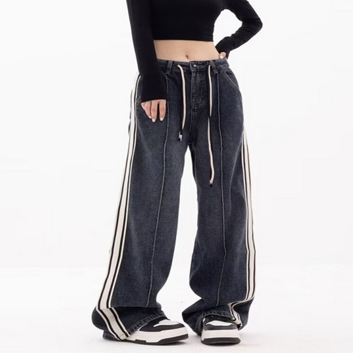 91家纺网 家纺一手货源 找家纺 （总）洛兰沙家居馆【只代发】【只代发】 2025新款只代发美式条纹拼接牛仔裤女春季薄款宽松直筒阔腿抽绳高街嘻哈复古裤子批22