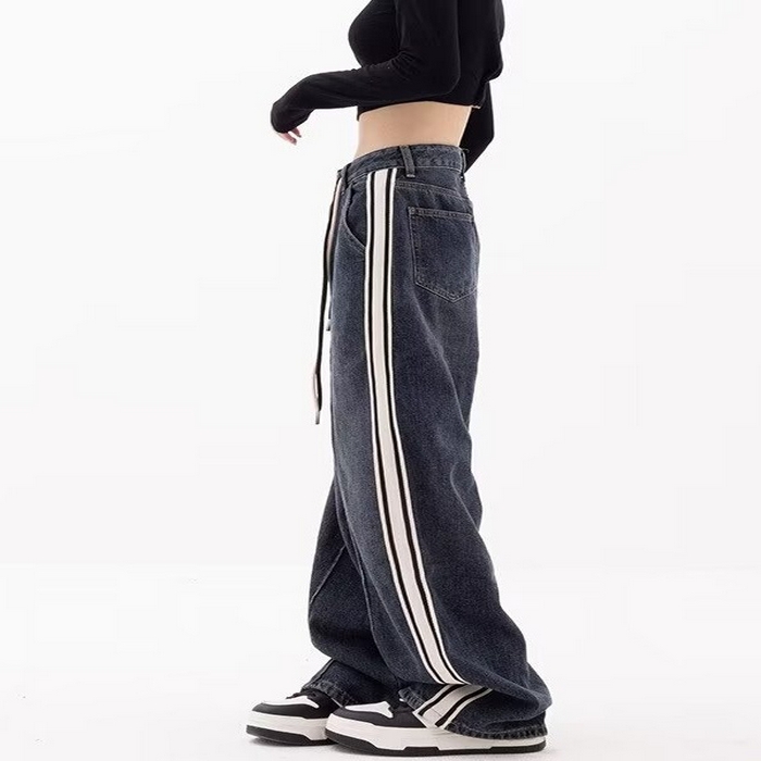 91家纺网 家纺一手货源 找家纺 （总）洛兰沙家居馆【只代发】【只代发】 2025新款只代发美式条纹拼接牛仔裤女春季薄款宽松直筒阔腿抽绳高街嘻哈复古裤子批22