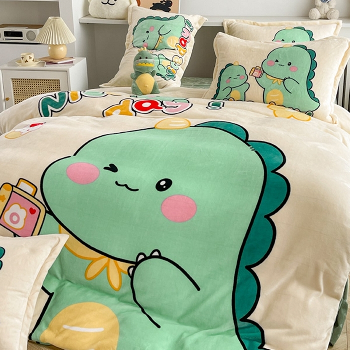 91家纺网 家纺一手货源 找家纺 宝薇 2025新款双面牛奶绒大版卡通印花四件套 自拍恐龙