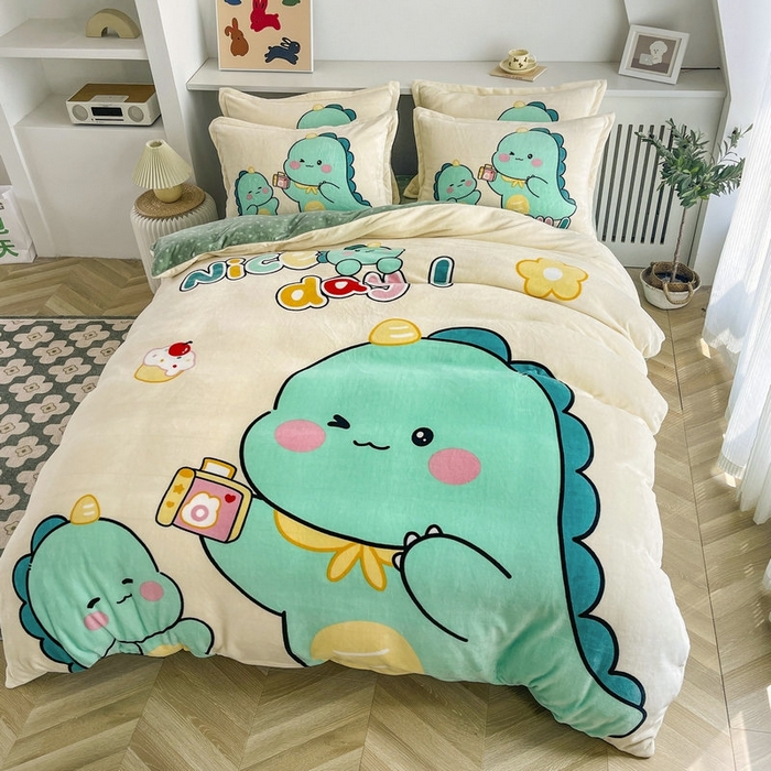 91家纺网 家纺一手货源 找家纺 宝薇 2025新款双面牛奶绒大版卡通印花四件套 自拍恐龙