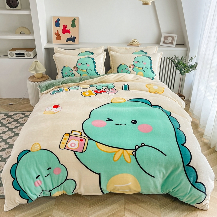 宝薇 2025新款双面牛奶绒大版卡通印花四件套 自拍恐龙