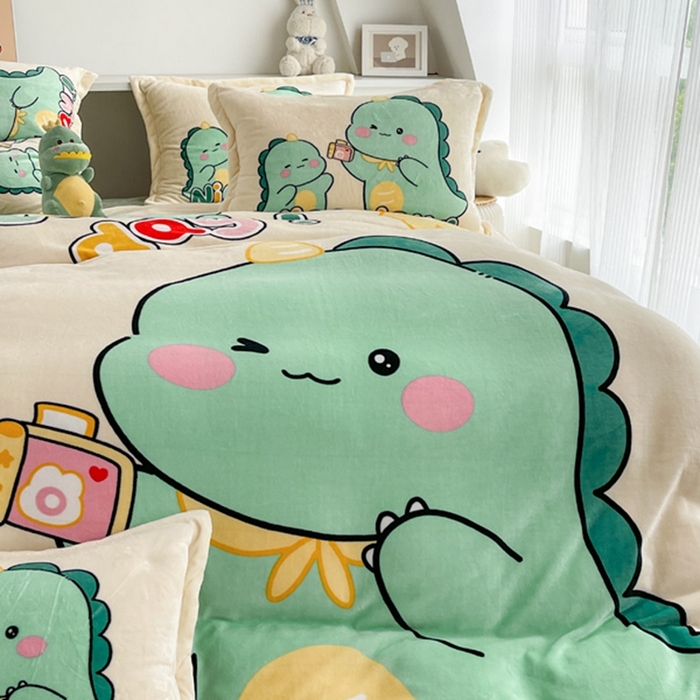 91家纺网 家纺一手货源 找家纺 宝薇 2025新款双面牛奶绒大版卡通印花四件套 自拍恐龙