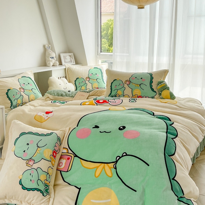 91家纺网 家纺一手货源 找家纺 宝薇 2025新款双面牛奶绒大版卡通印花四件套 自拍恐龙