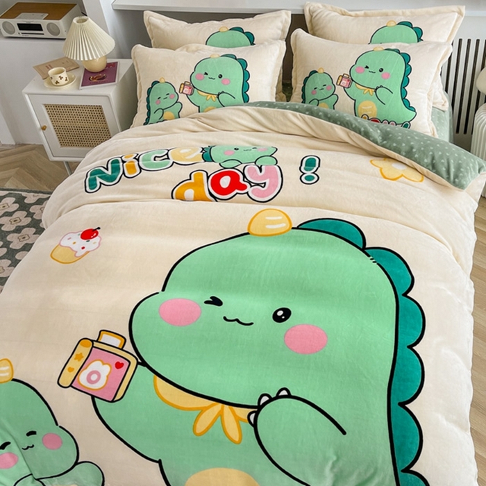 91家纺网 家纺一手货源 找家纺 宝薇 2025新款双面牛奶绒大版卡通印花四件套 自拍恐龙