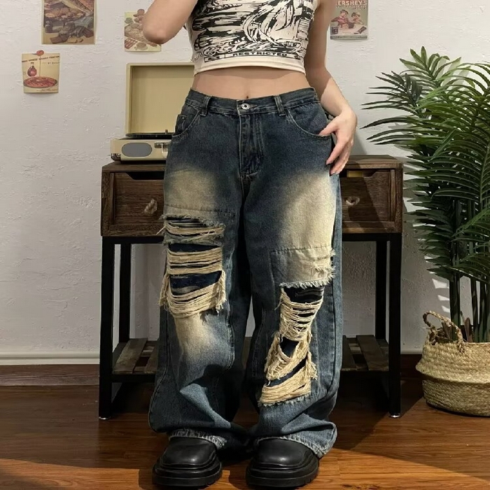 （总）2025新款只代发美式小众设计感破洞牛仔裤女早秋高腰显瘦辣妹高街宽松垂感阔腿裤批发23