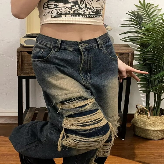 91家纺网 家纺一手货源 找家纺 （总）2025新款只代发美式小众设计感破洞牛仔裤女早秋高腰显瘦辣妹高街宽松垂感阔腿裤批发23