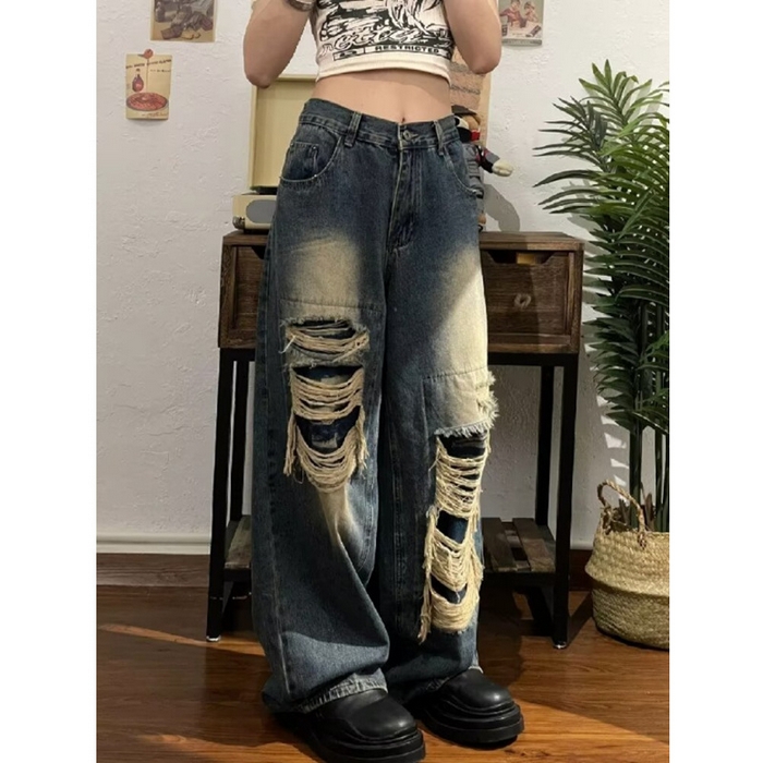 91家纺网 家纺一手货源 找家纺 （总）2025新款只代发美式小众设计感破洞牛仔裤女早秋高腰显瘦辣妹高街宽松垂感阔腿裤批发23