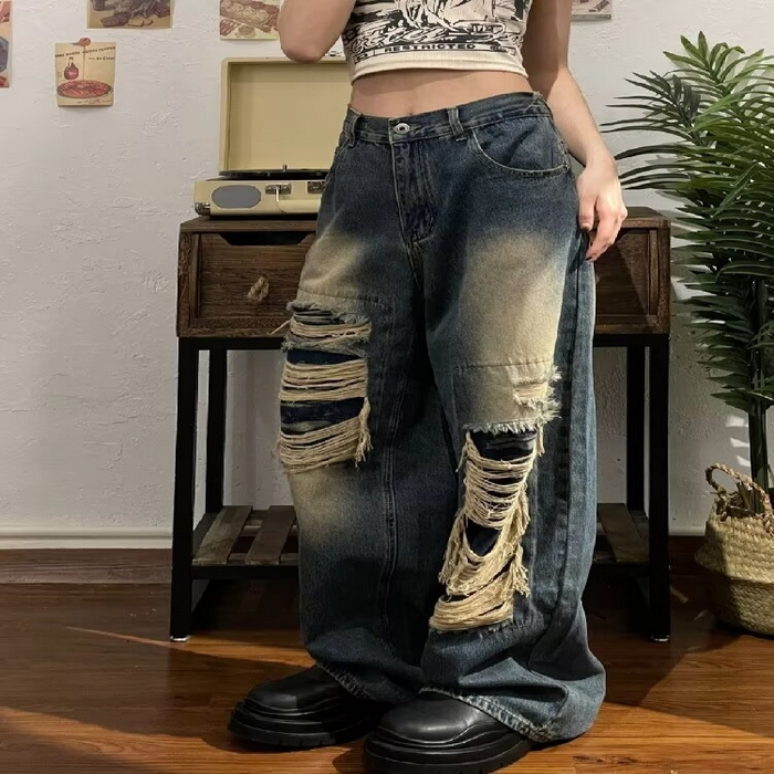 91家纺网 家纺一手货源 找家纺 （总）2025新款只代发美式小众设计感破洞牛仔裤女早秋高腰显瘦辣妹高街宽松垂感阔腿裤批发23