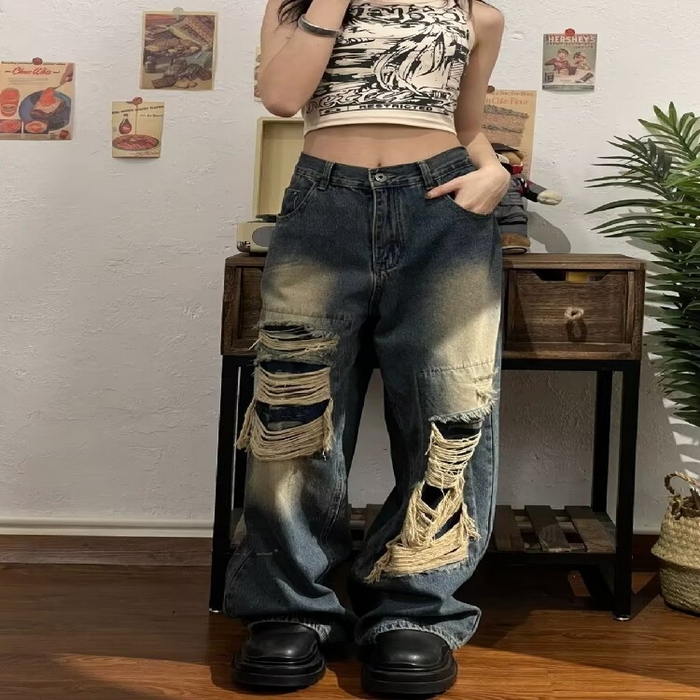 91家纺网 家纺一手货源 找家纺 （总）2025新款只代发美式小众设计感破洞牛仔裤女早秋高腰显瘦辣妹高街宽松垂感阔腿裤批发23