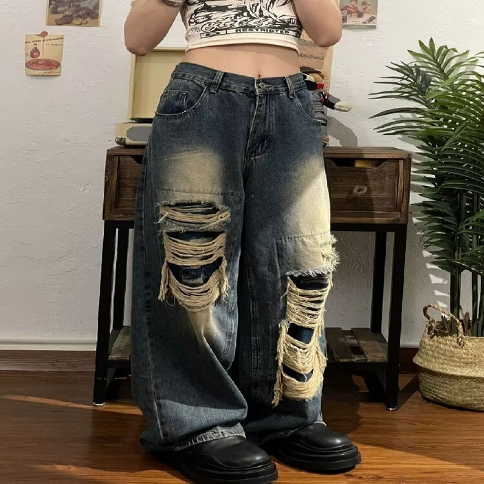 91家纺网 家纺一手货源 找家纺 （总）2025新款只代发美式小众设计感破洞牛仔裤女早秋高腰显瘦辣妹高街宽松垂感阔腿裤批发23