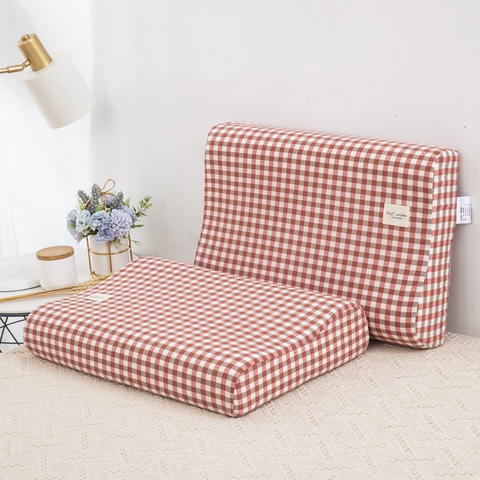 大黄蜂家居家纺 2025新款全棉水洗棉乳胶枕套 橘红小格