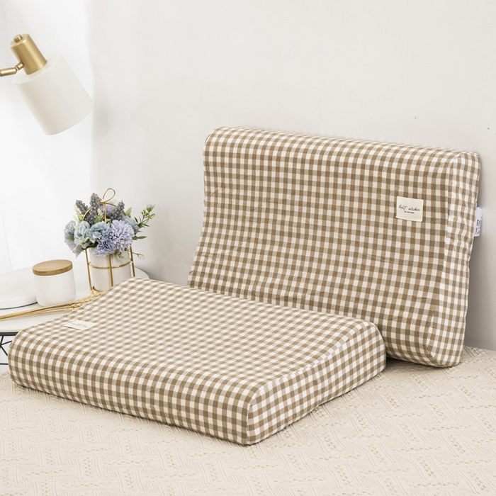 大黄蜂家居家纺 2025新款全棉水洗棉乳胶枕套 浅咖小格