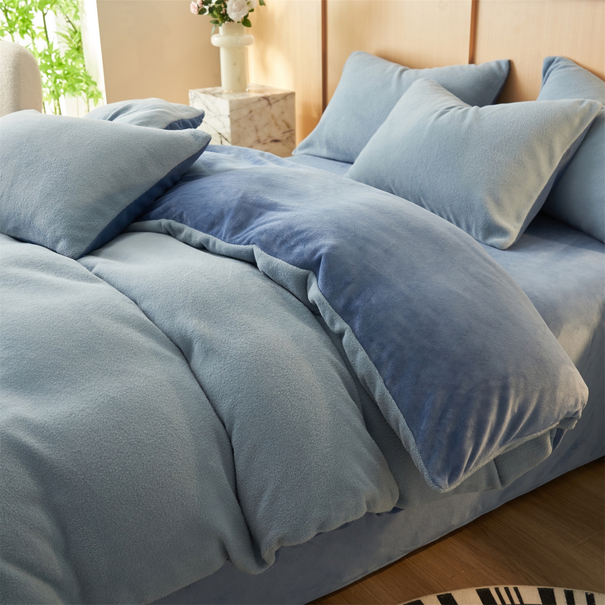 91家纺网 家纺一手货源 找家纺 金鹰 2025新款羊驼绒牛奶绒四件套保暖套件 羊驼绒-蓝色