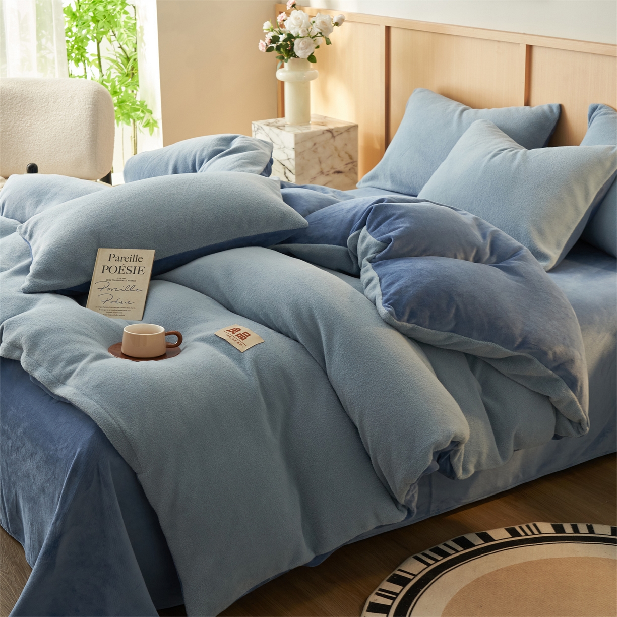 91家纺网 家纺一手货源 找家纺 金鹰 2025新款羊驼绒牛奶绒四件套保暖套件 羊驼绒-蓝色