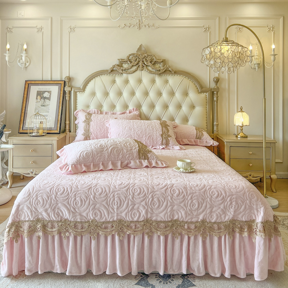 91家纺网 家纺一手货源 找家纺 恋尚 2025新款雕花牛奶绒罗曼蒂克系列床盖床裙三件套（控价145） 罗曼蒂克-清新粉