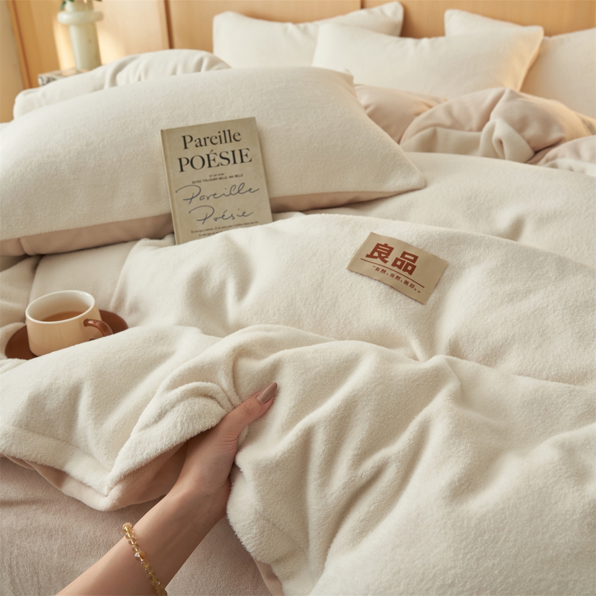 91家纺网 家纺一手货源 找家纺 金鹰 2025新款羊驼绒牛奶绒四件套保暖套件 羊驼绒-奶白