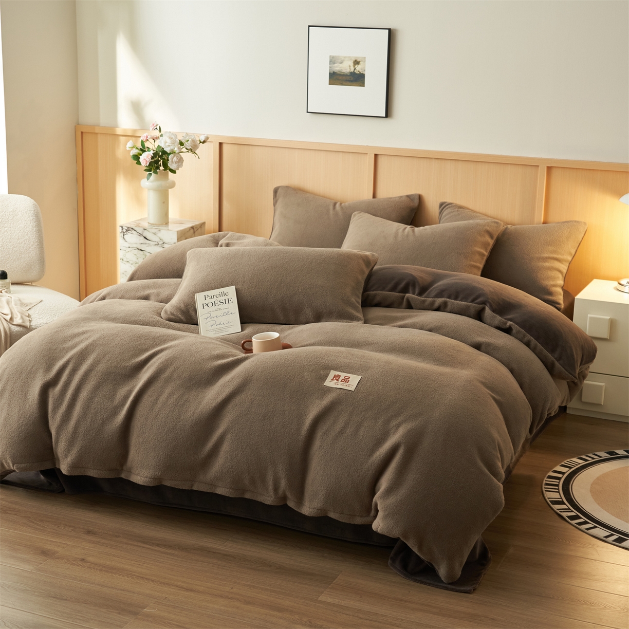 91家纺网 家纺一手货源 找家纺 金鹰 2025新款羊驼绒牛奶绒四件套保暖套件 羊驼绒-深咖