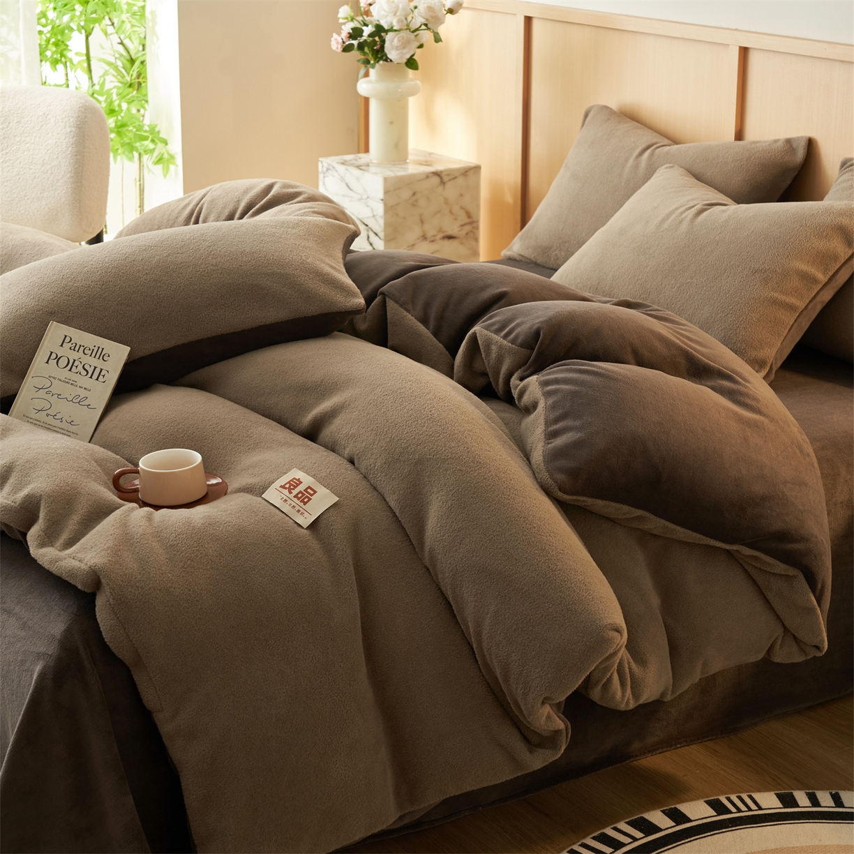 91家纺网 家纺一手货源 找家纺 金鹰 2025新款羊驼绒牛奶绒四件套保暖套件 羊驼绒-深咖