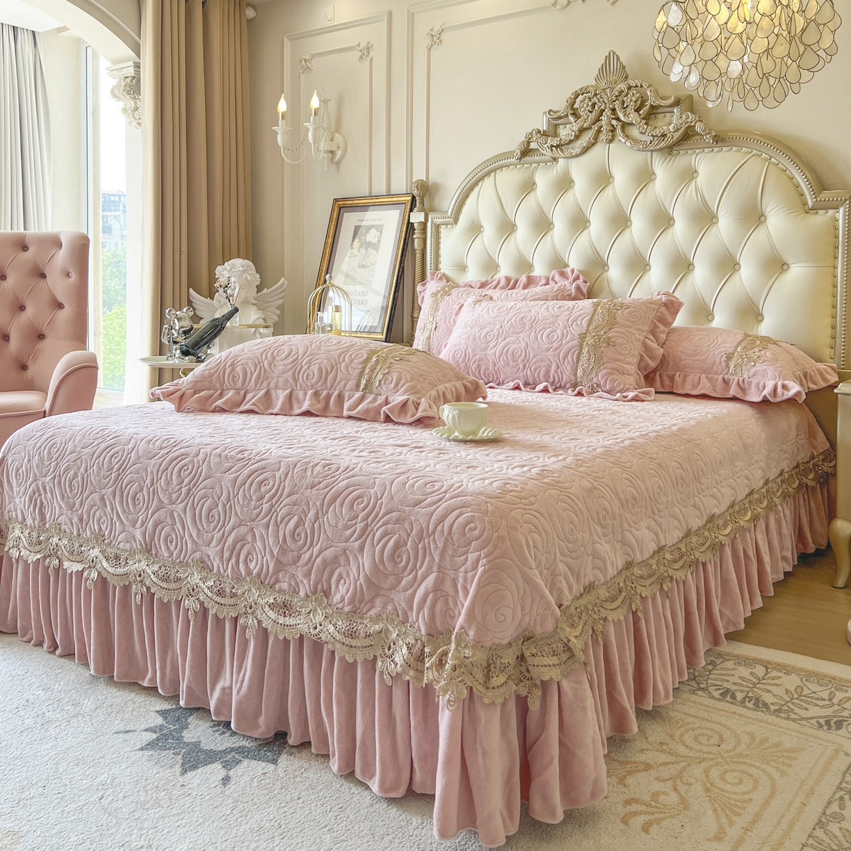 91家纺网 家纺一手货源 找家纺 恋尚 2025新款雕花牛奶绒罗曼蒂克系列床盖床裙三件套（控价145） 罗曼蒂克-蜜桃粉