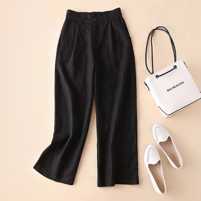 91家纺网 家纺一手货源 找家纺 （总）洛兰沙家居馆【只代发】【只代发】 夏季休闲裤子时尚百搭女裤棉麻女装阔腿裤女高腰垂感宽松九分裤子