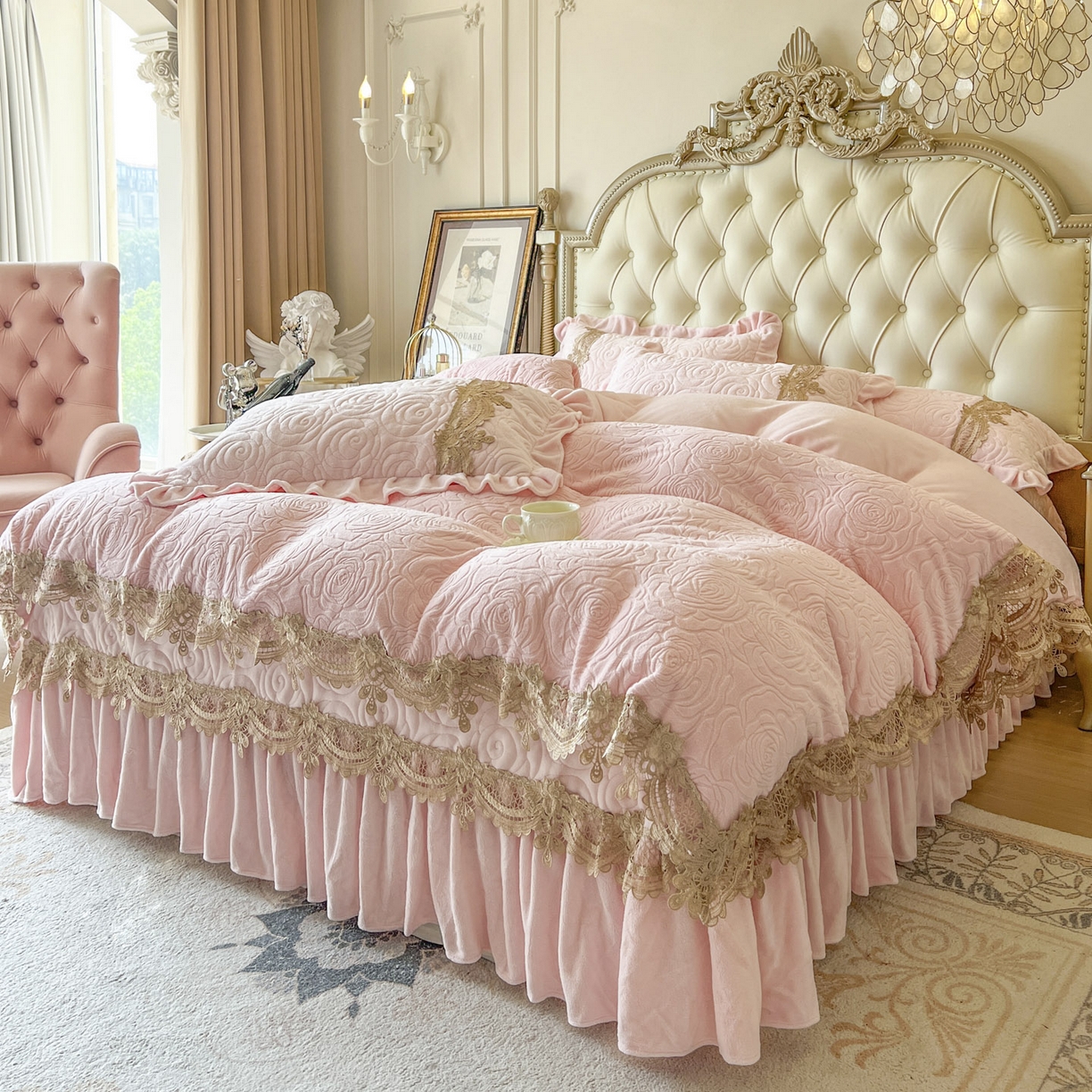 91家纺网 家纺一手货源 找家纺 恋尚 2025新款雕花牛奶绒罗曼蒂克系列床盖床裙三件套（控价145） 罗曼蒂克-清新粉