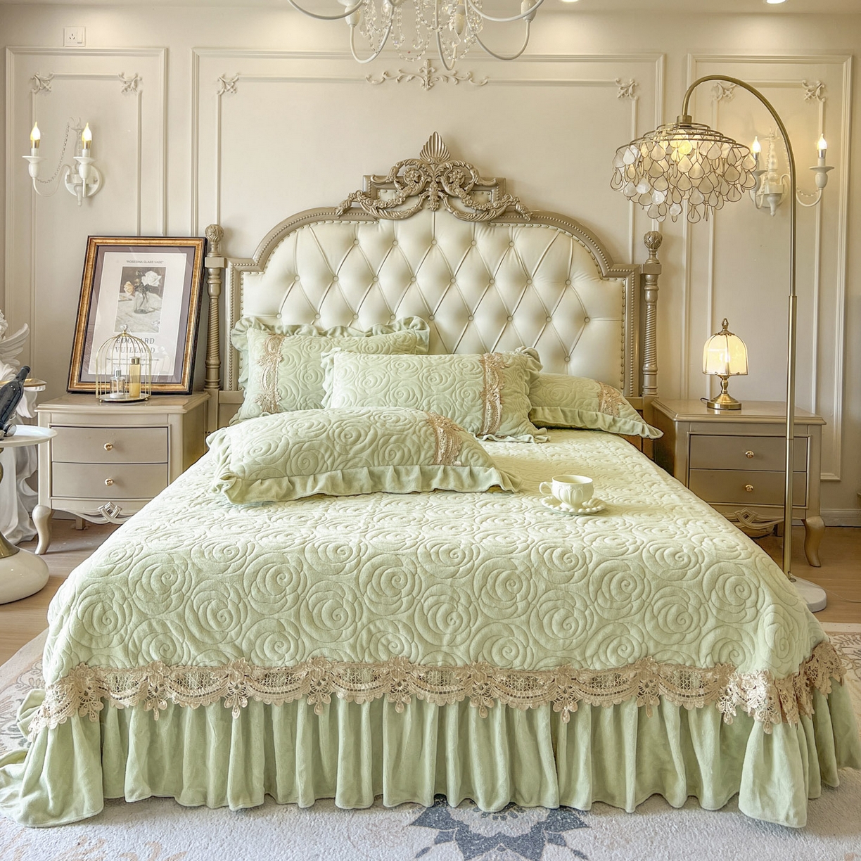 恋尚 2025新款雕花牛奶绒罗曼蒂克系列床盖床裙三件套（控价145） 罗曼蒂克-香草绿