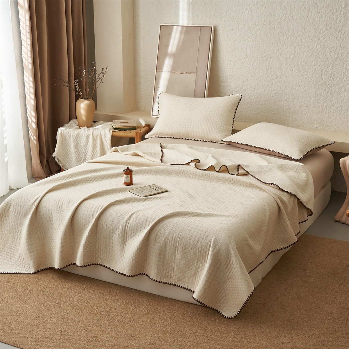 91家纺网 家纺一手货源 找家纺 金鹰 2025新款A类全棉棉麻毛多功能盖毯床盖床单 华夫格