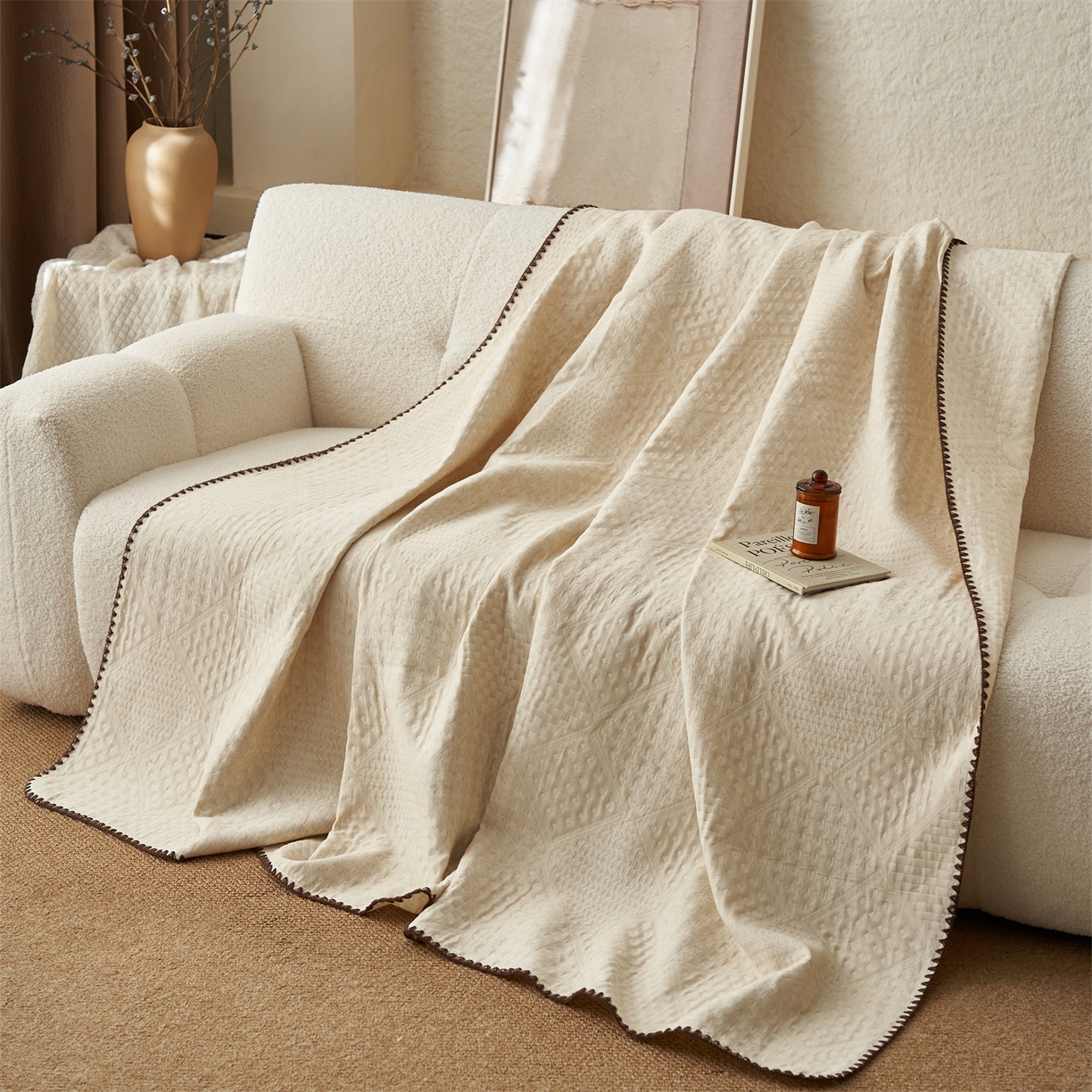 91家纺网 家纺一手货源 找家纺 金鹰 2025新款A类全棉棉麻毛多功能盖毯床盖床单 华夫格