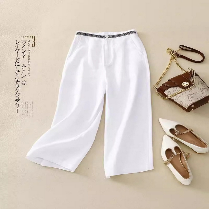 91家纺网 家纺一手货源 找家纺 洛兰沙家居馆【只代发】【只代发】 出口日单品纯色棉麻阔腿裤女宽松垂感大码百搭棉麻九分裤潮 白