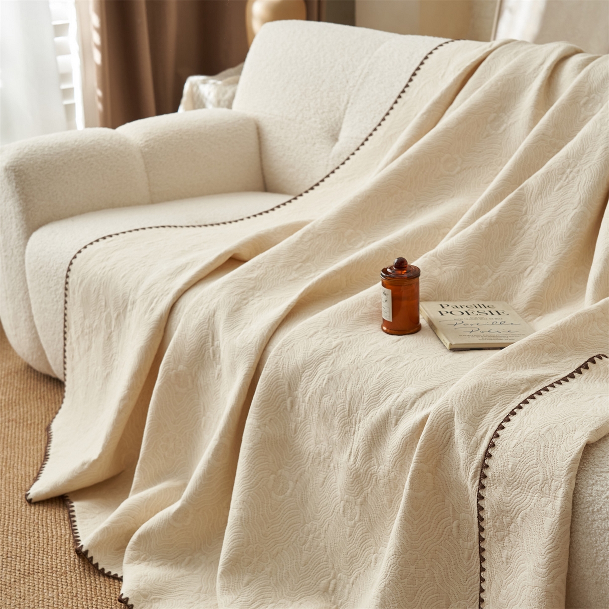 91家纺网 家纺一手货源 找家纺 金鹰 2025新款A类全棉棉麻毛多功能盖毯床盖床单 摩卡