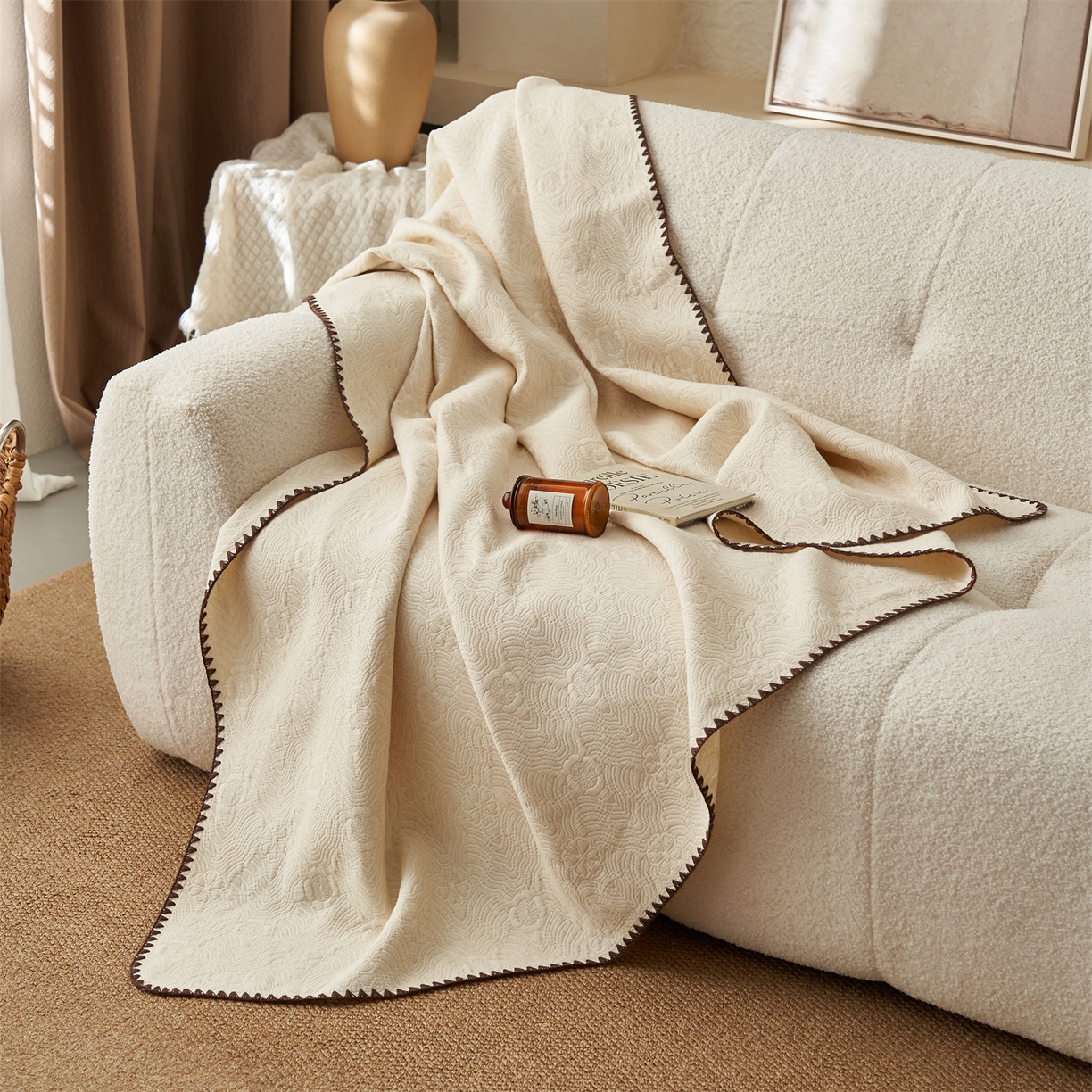 91家纺网 家纺一手货源 找家纺 金鹰 2025新款A类全棉棉麻毛多功能盖毯床盖床单 摩卡