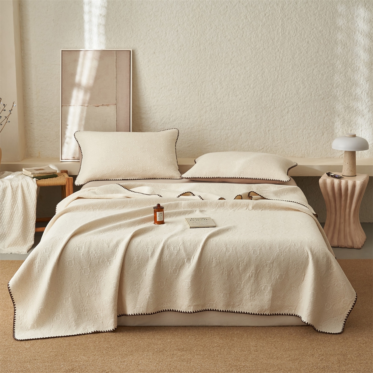 91家纺网 家纺一手货源 找家纺 金鹰 2025新款A类全棉棉麻毛多功能盖毯床盖床单 摩卡