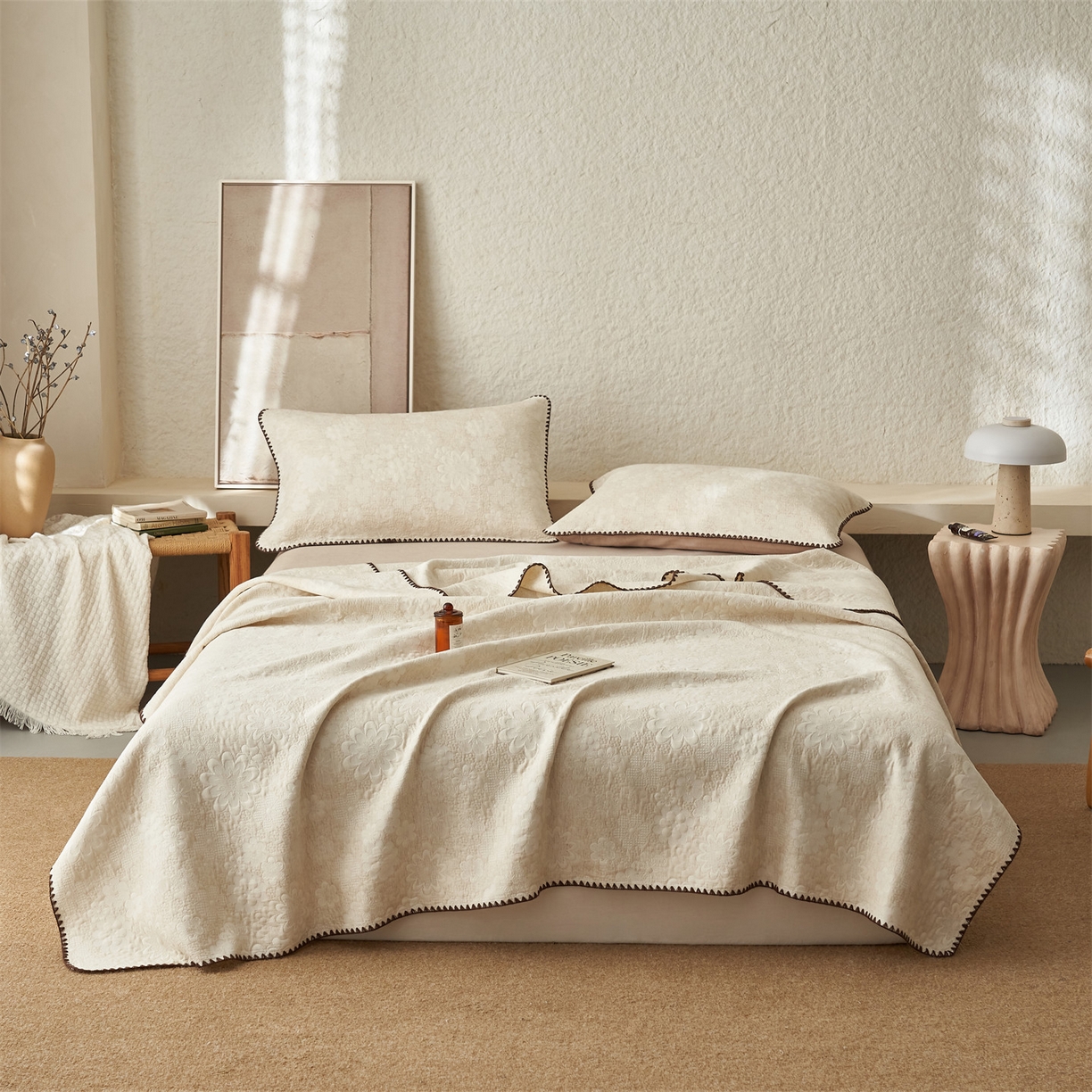 91家纺网 家纺一手货源 找家纺 金鹰 2025新款A类全棉棉麻毛多功能盖毯床盖床单 温婉花语