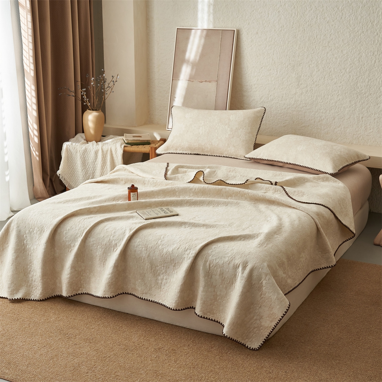 91家纺网 家纺一手货源 找家纺 金鹰 2025新款A类全棉棉麻毛多功能盖毯床盖床单 温婉花语