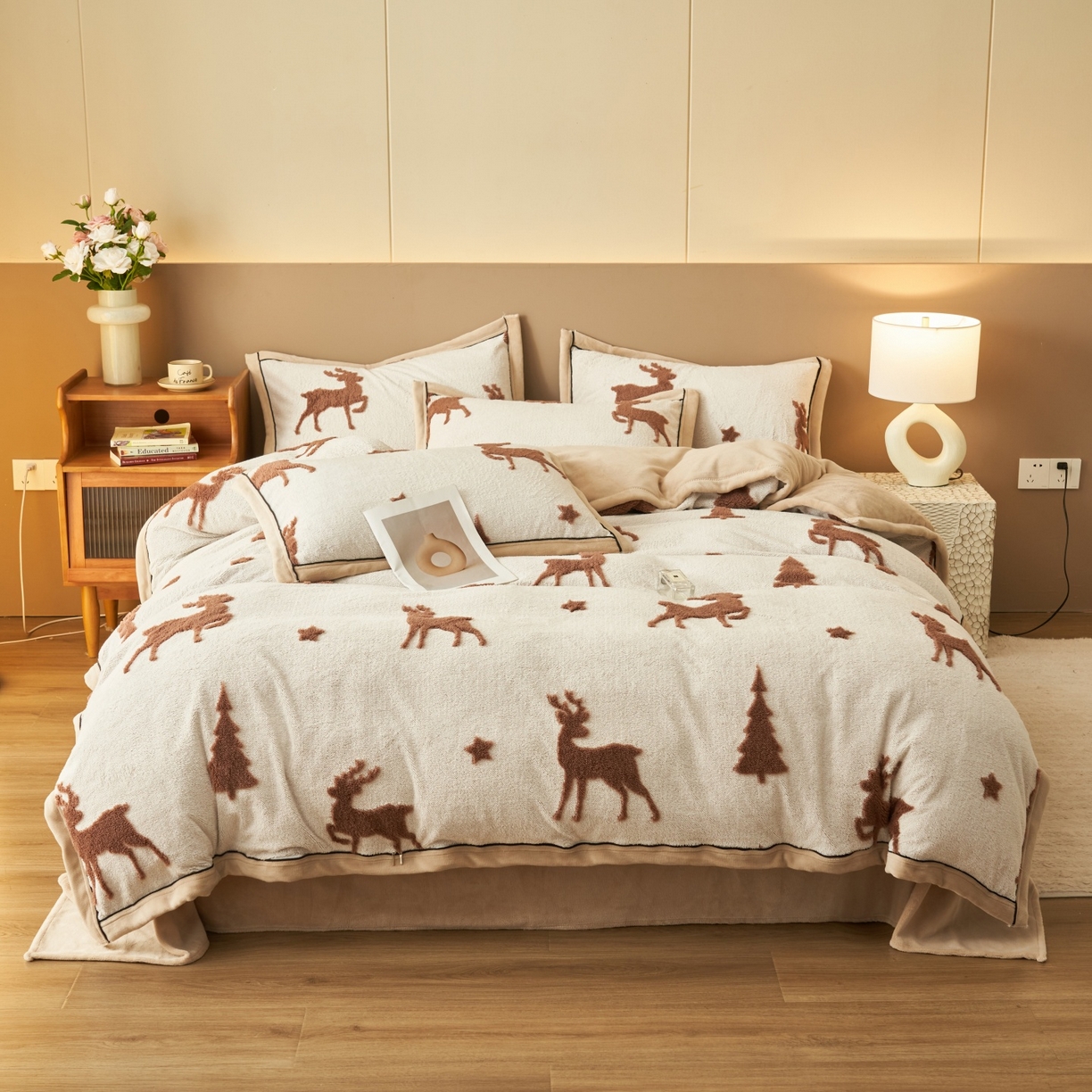 91家纺网 家纺一手货源 找家纺 金鹰 2025新款提花绒牛奶绒四件套 圣诞小鹿