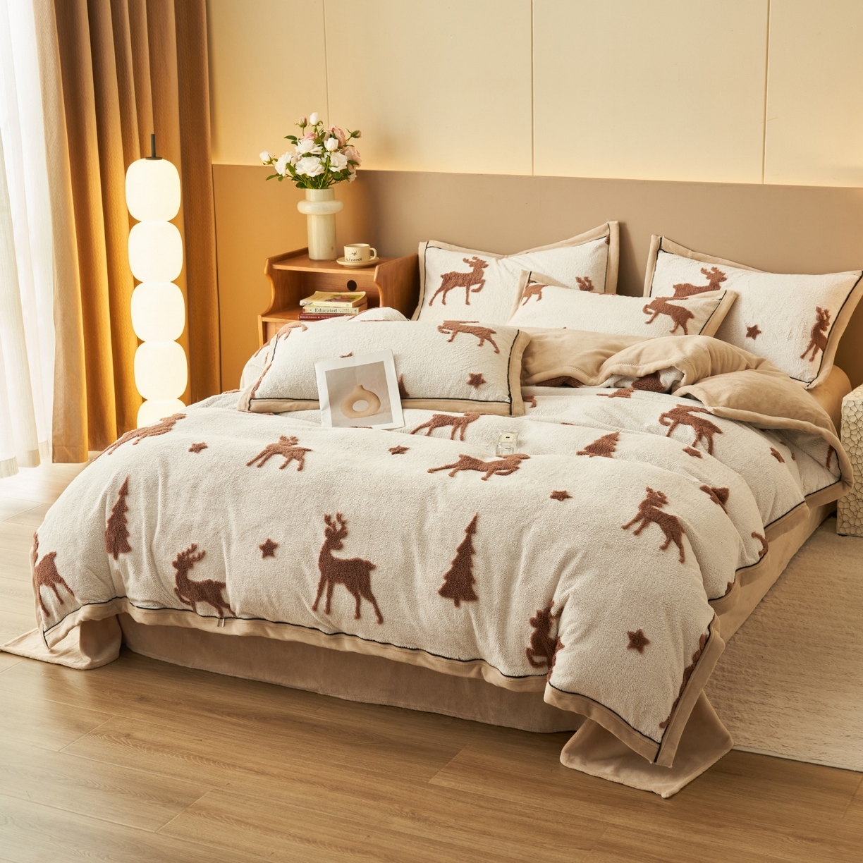 91家纺网 家纺一手货源 找家纺 金鹰 2025新款提花绒牛奶绒四件套 圣诞小鹿