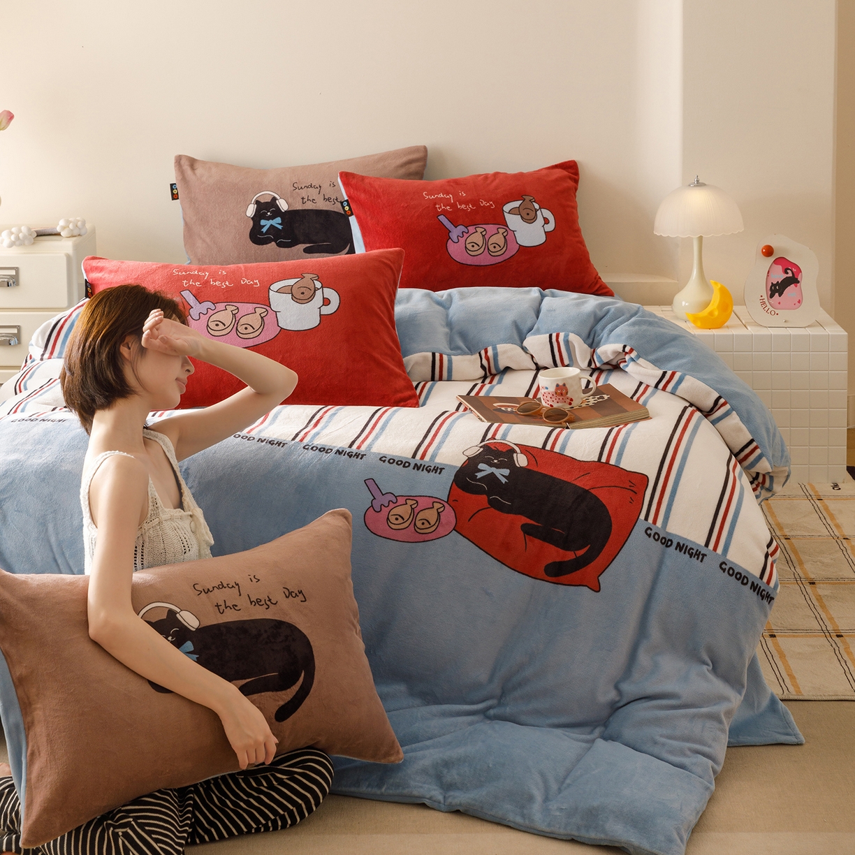 RYB红黄兰 2025新款设计师原创牛奶绒大版数码印花四件套 小宅喵