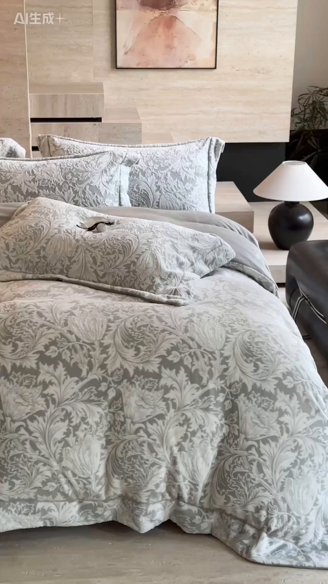 91家纺网 家纺一手货源 找家纺 7V 2025新款A类5D雕花绒四件套高克重立体浮雕牛奶绒大宽边一字绣全工艺四件套 卷草