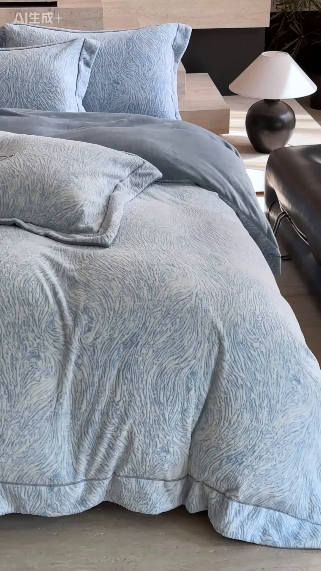 91家纺网 家纺一手货源 找家纺 7V 2025新款A类5D雕花绒四件套高克重立体浮雕牛奶绒大宽边一字绣全工艺四件套 水波