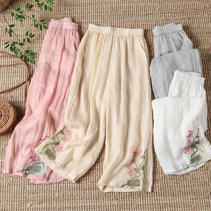 （总）洛兰沙家居馆【只代发】【只代发】 中式民族风阔腿裤女夏季国风复古拼色刺绣透气口袋显瘦休闲裤长裤