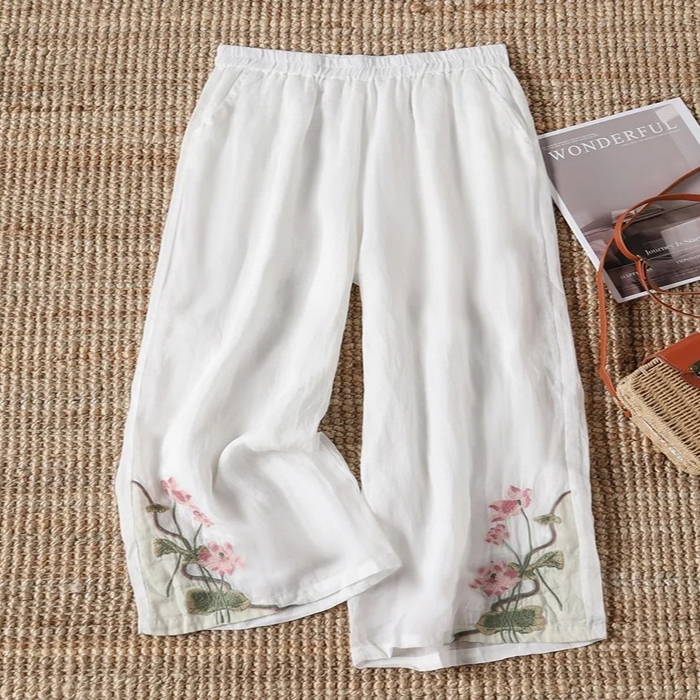 洛兰沙家居馆【只代发】【只代发】 中式民族风阔腿裤女夏季国风复古拼色刺绣透气口袋显瘦休闲裤长裤 白