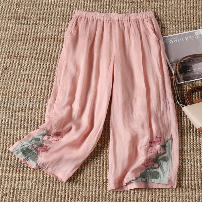 洛兰沙家居馆【只代发】【只代发】 中式民族风阔腿裤女夏季国风复古拼色刺绣透气口袋显瘦休闲裤长裤 粉