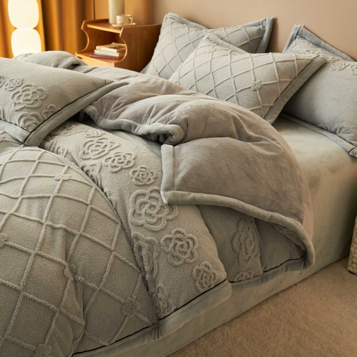 91家纺网 家纺一手货源 找家纺 金鹰 2025新款提花绒牛奶绒四件套 香奈花园-灰