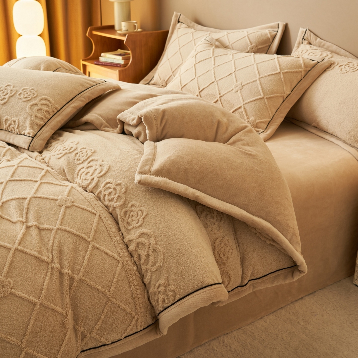 91家纺网 家纺一手货源 找家纺 金鹰 2025新款提花绒牛奶绒四件套 香奈花园-驼