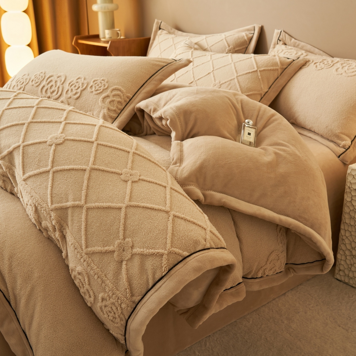 91家纺网 家纺一手货源 找家纺 金鹰 2025新款提花绒牛奶绒四件套 香奈花园-驼