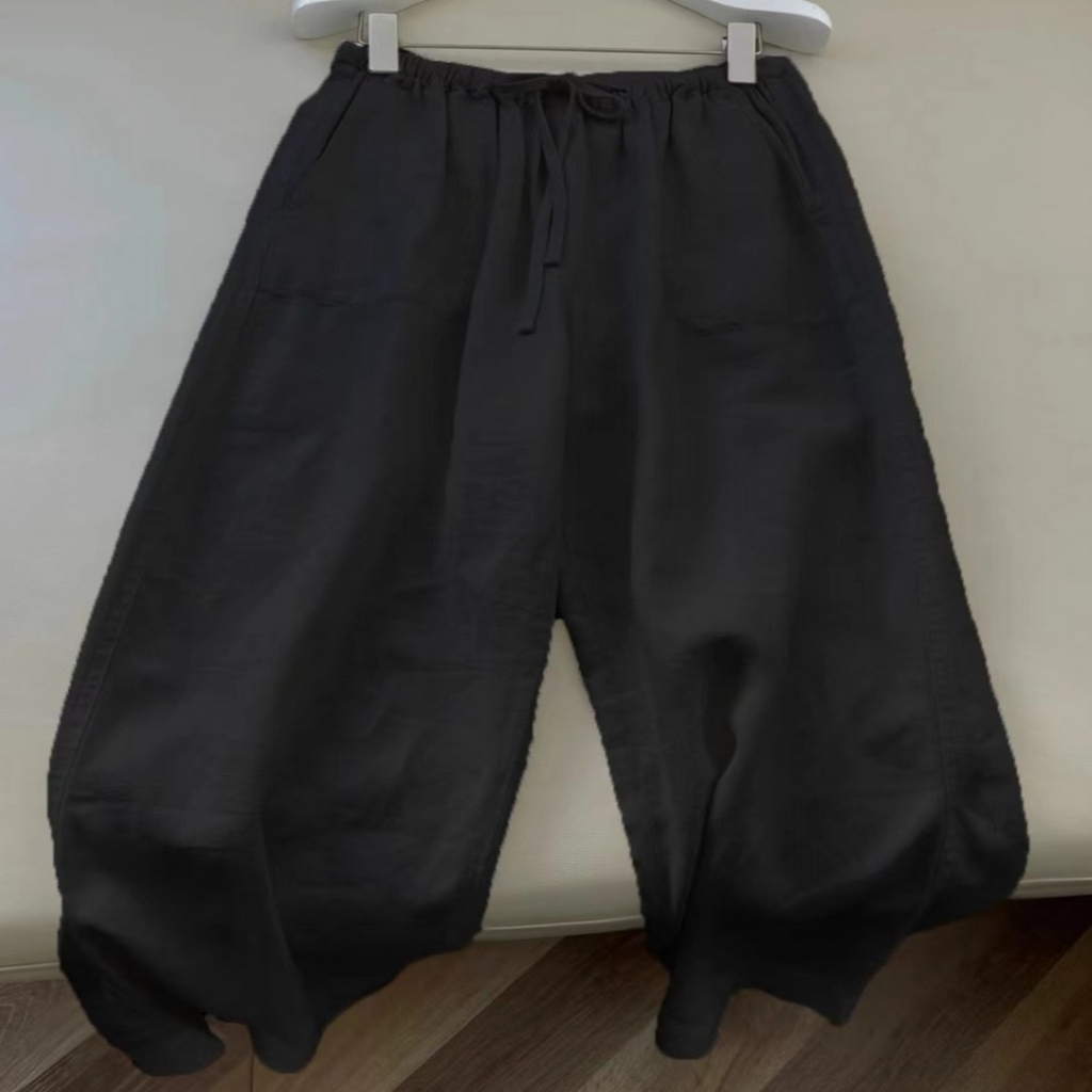 91家纺网 家纺一手货源 找家纺 洛兰沙家居馆【只代发】【只代发】 日韩系纯棉麻阔腿直筒裤女宽松垂感大码百搭棉麻九分裤潮实拍图 黑色