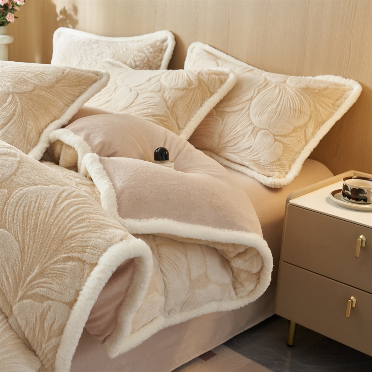 91家纺网 家纺一手货源 找家纺 金鹰 2025新款A类兔毛绒烂花四件套加厚牛奶绒四件套 普罗旺斯