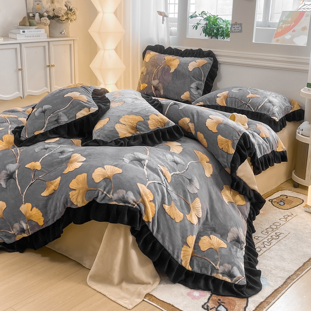 富之航家纺 2025新款小香风赫本风ins风大牌韩版大花边轻奢牛奶绒四件套 慕秋